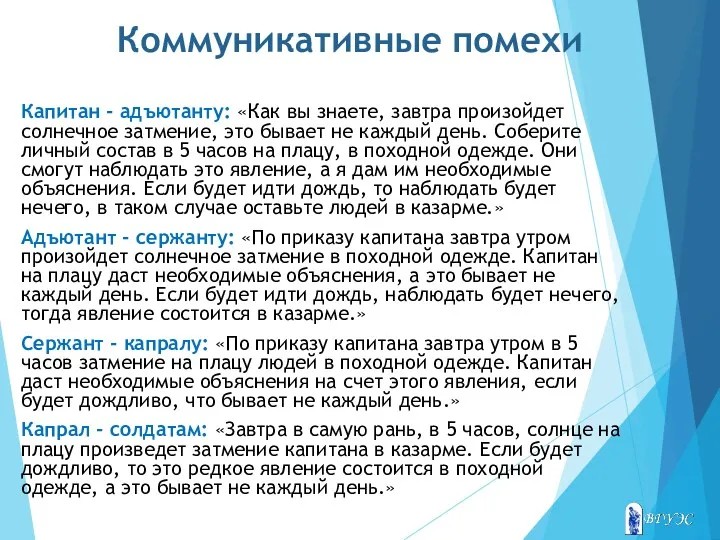 Коммуникативные помехи Капитан - адъютанту: «Как вы знаете, завтра произойдет