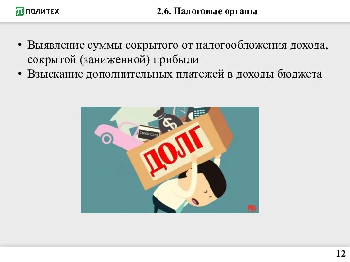 2.6. Налоговые органы Выявление суммы сокрытого от налогообложения дохода, сокрытой