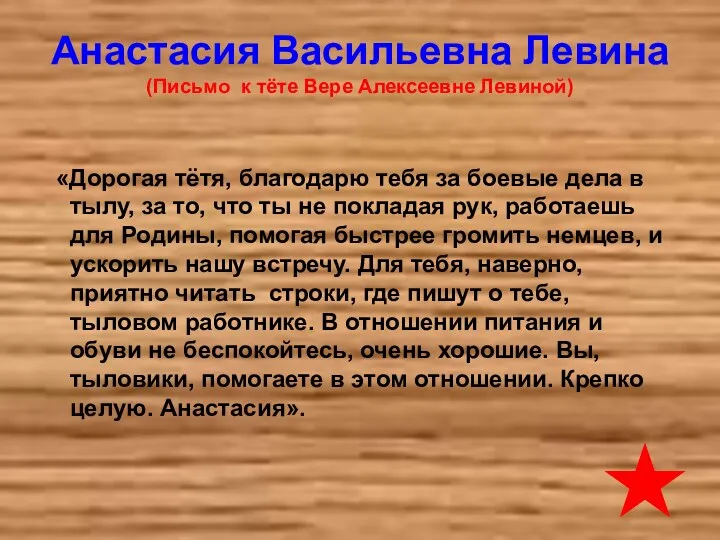 Анастасия Васильевна Левина (Письмо к тёте Вере Алексеевне Левиной) «Дорогая