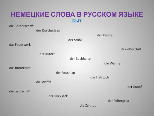 НЕМЕЦКИЕ СЛОВА В РУССКОМ ЯЗЫКЕ БЫТ die Bruderschaft der Durchschlag der Kleister der