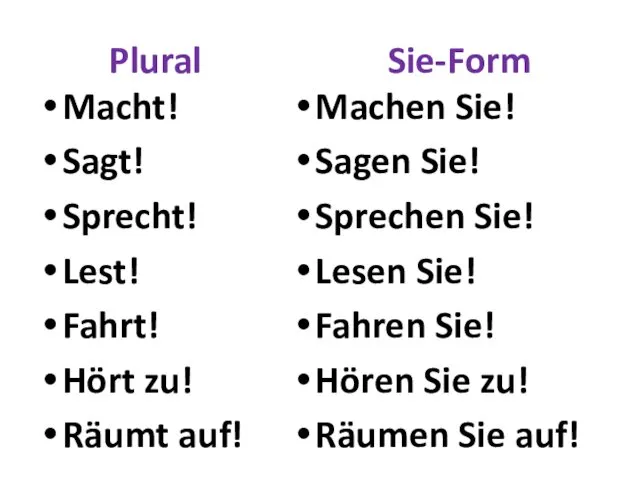 Plural Sie-Form Macht! Sagt! Sprecht! Lest! Fahrt! Hört zu! Räumt