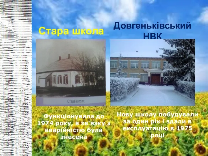 Стара школа Довгеньківський НВК Функціонувала до 1974 року, в зв'язку з аварійністю була