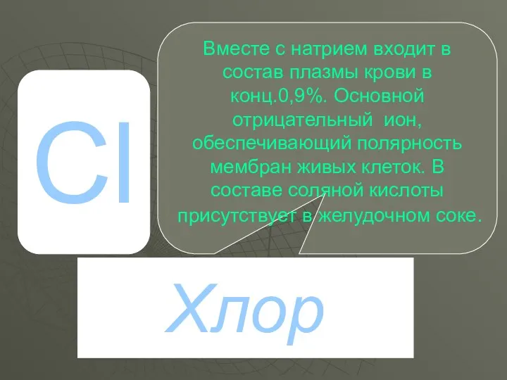 P Cl Хлор Вместе с натрием входит в состав плазмы