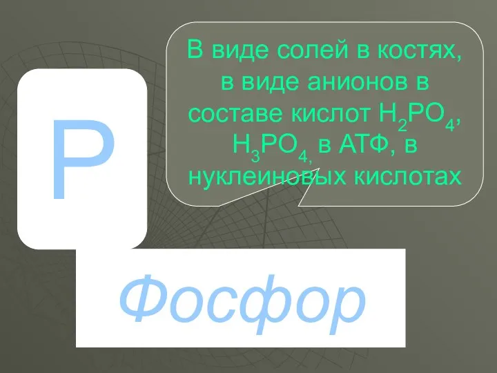 P P Фосфор В виде солей в костях, в виде