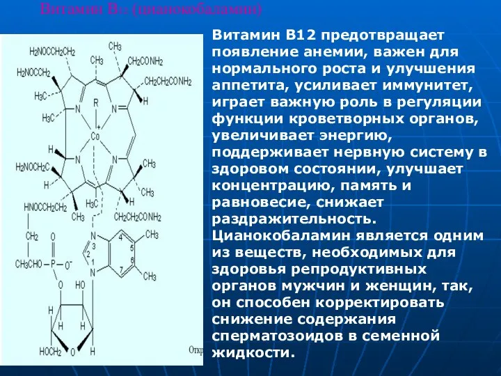 Витамин В12 (цианокобаламин) Витамин В12 предотвращает появление анемии, важен для