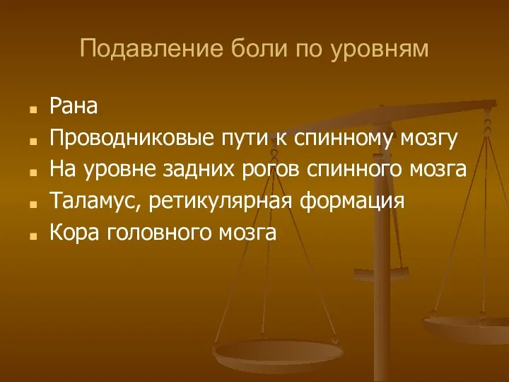 Подавление боли по уровням Рана Проводниковые пути к спинному мозгу