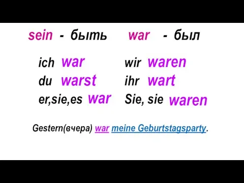 sein - быть war - был war warst war waren wart waren Gestern(вчера) war meine Geburtstagsparty.