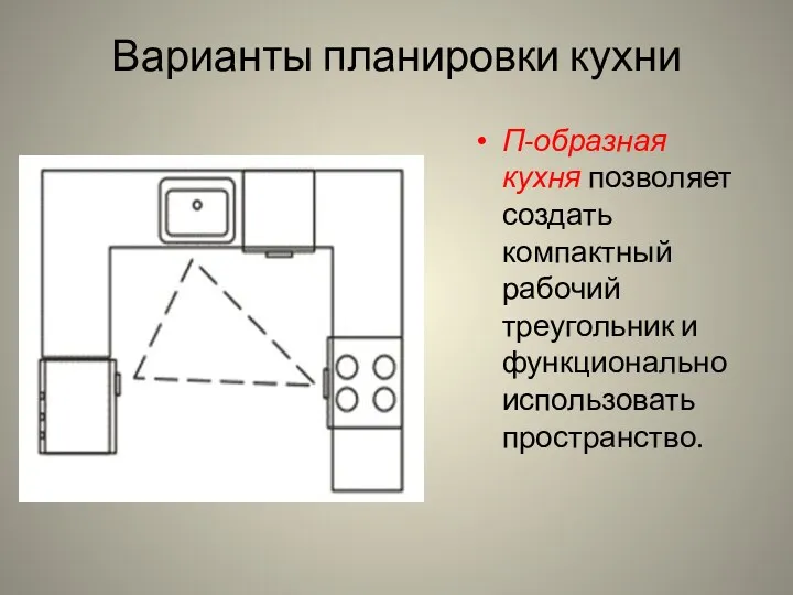 Варианты планировки кухни П-образная кухня позволяет создать компактный рабочий треугольник и функционально использовать пространство.