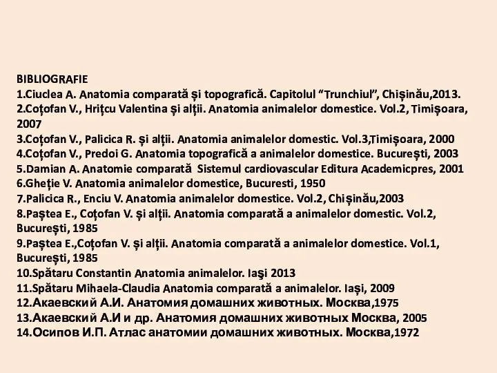 BIBLIOGRAFIE 1.Ciuclea A. Anatomia comparată și topografică. Capitolul “Trunchiul”, Chișinău,2013.