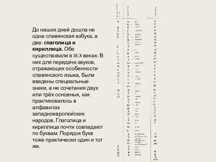 До наших дней дошла не одна славянская азбука, а две: глаголица и кириллица.