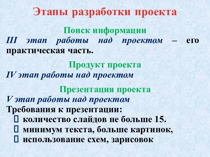 Этапы разработки проекта Поиск информации III этап работы над проектом