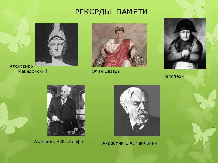 Александр Македонский Юлий Цезарь Наполеон Академик А.Ф. Иоффе Академик С.А. Чаплыгин РЕКОРДЫ ПАМЯТИ