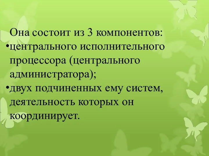 Она состоит из 3 компонентов: центрального исполнительного процессора (центрального администратора);