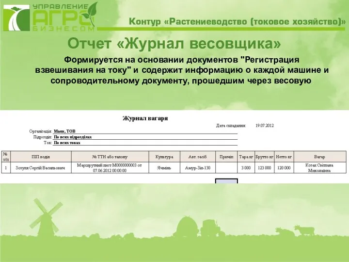 Отчет «Журнал весовщика» Формируется на основании документов "Регистрация взвешивания на