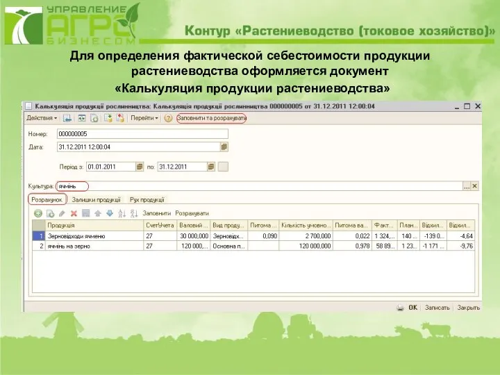 Для определения фактической себестоимости продукции растениеводства оформляется документ «Калькуляция продукции растениеводства»