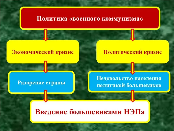 Политика «военного коммунизма» Разорение страны Политический кризис Экономический кризис Недовольство населения политикой большевиков Введение большевиками НЭПа