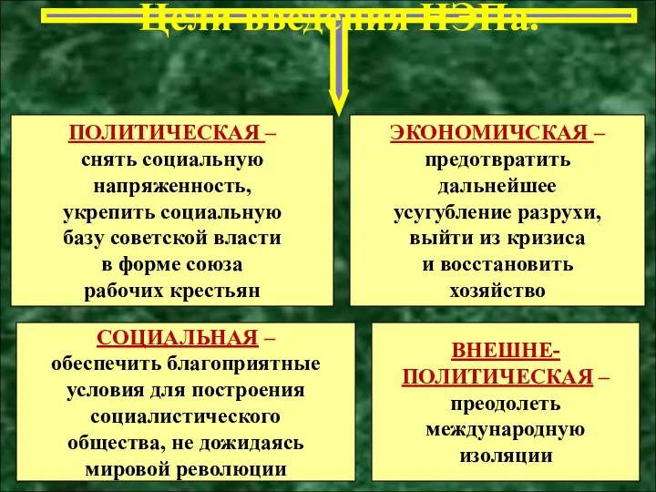 Цели введения НЭПа. ВНЕШНЕ- ПОЛИТИЧЕСКАЯ – преодолеть международную изоляции ПОЛИТИЧЕСКАЯ