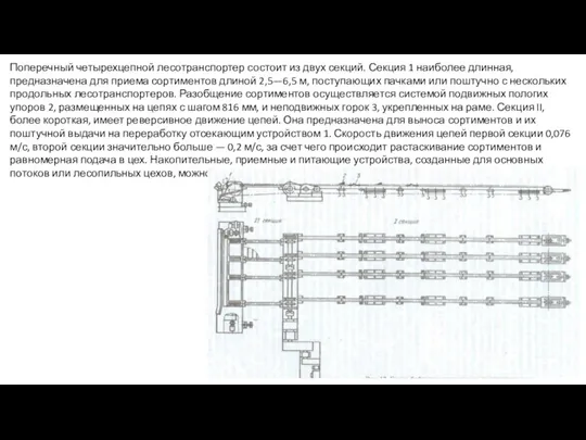 Поперечный четырехцепной лесотранспортер состоит из двух секций. Секция 1 наиболее