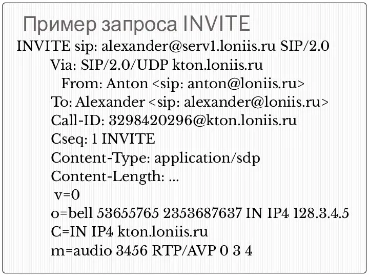 Пример запроса INVITE INVITE sip: alexander@serv1.loniis.ru SIP/2.0 Via: SIP/2.0/UDP kton.loniis.ru From: Anton To: