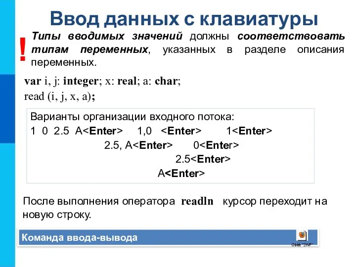 Ввод данных с клавиатуры Команда ввода-вывода var i, j: integer; x: real; a: