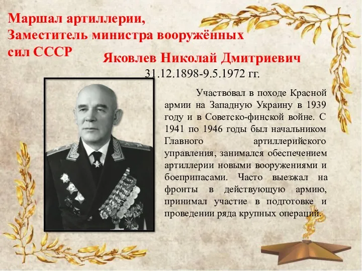 Маршал артиллерии, Заместитель министра вооружённых сил СССР Яковлев Николай Дмитриевич