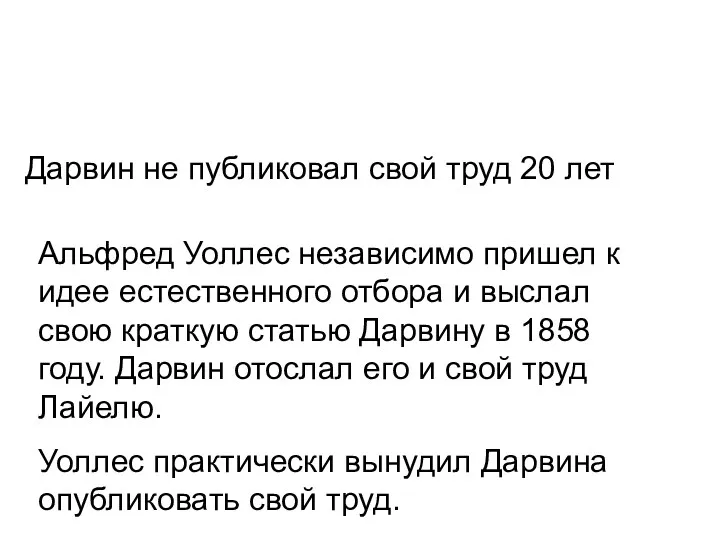 Дарвин не публиковал свой труд 20 лет Альфред Уоллес независимо