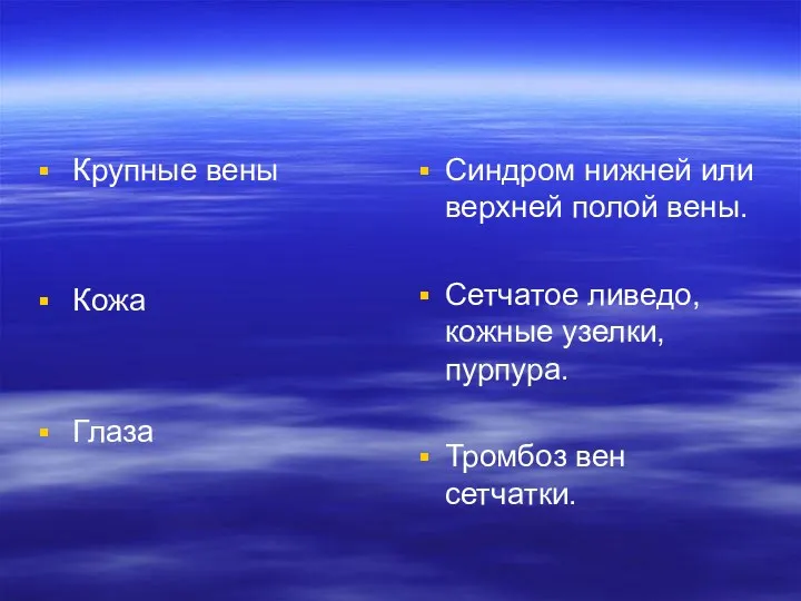 Крупные вены Кожа Глаза Синдром нижней или верхней полой вены.