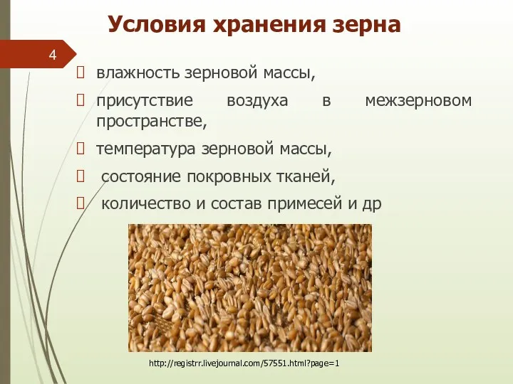 Условия хранения зерна влажность зерновой массы, присутствие воздуха в межзерновом