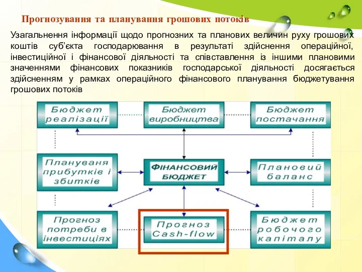 Прогнозування та планування грошових потоків Узагальнення інформації щодо прогнозних та