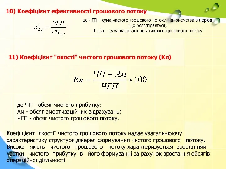 10) Коефіцієнт ефективності грошового потоку де ЧГП – сума чистого