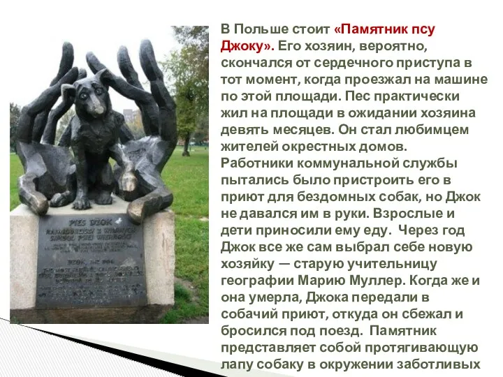 В Польше стоит «Памятник псу Джоку». Его хозяин, вероятно, скончался от сердечного приступа