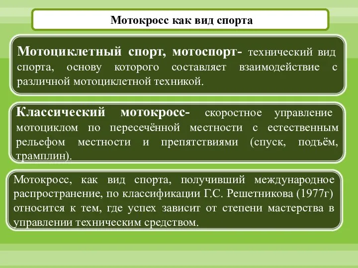 Мотокросс как вид спорта Мотоциклетный спорт, мотоспорт- технический вид спорта,