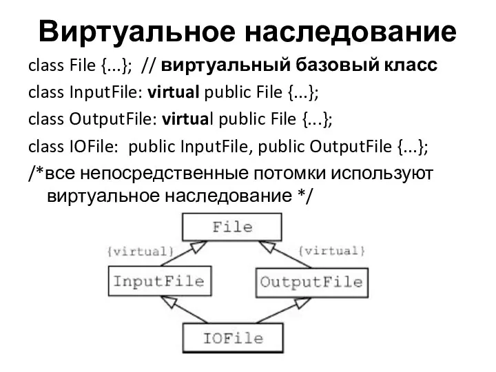 Виртуальное наследование class File {...}; // виртуальный базовый класс class