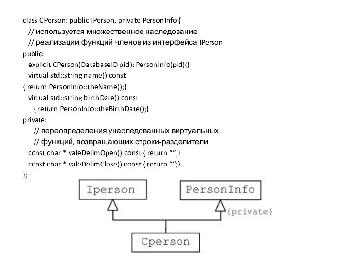 class CPerson: public IPerson, private PersonInfo { // используется множественное