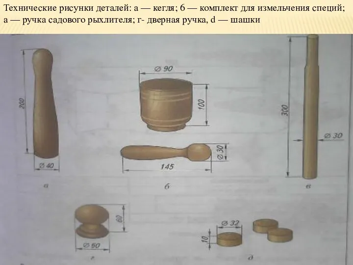 Технические рисунки деталей: а — кегля; 6 — комплект для