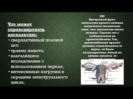 Что может спровоцировать апоплексию: сверхактивный половой акт; травма живота; влагалищное