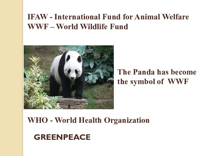 IFAW - International Fund for Animal Welfare WWF – World