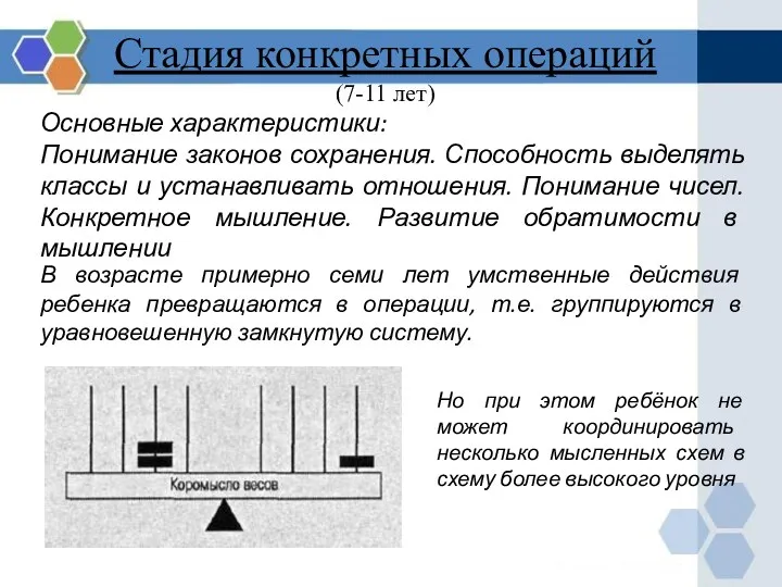 Стадия конкретных операций (7-11 лет) Основные характеристики: Понимание законов сохранения.