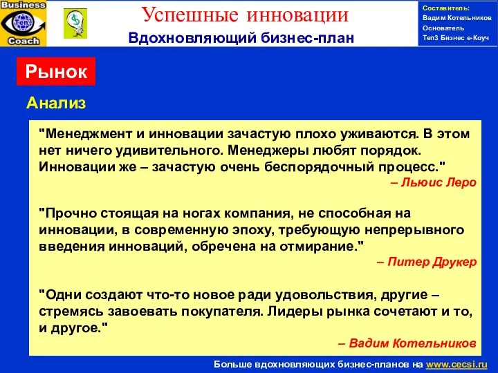 Анализ Составитель: Вадим Котельников Основатель Ten3 Бизнес е-Коуч Рынок "Менеджмент