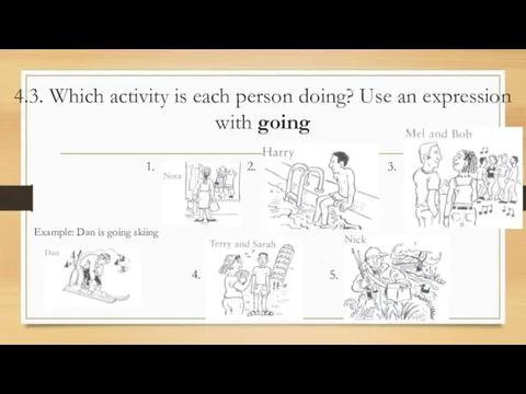 4.3. Which activity is each person doing? Use an expression