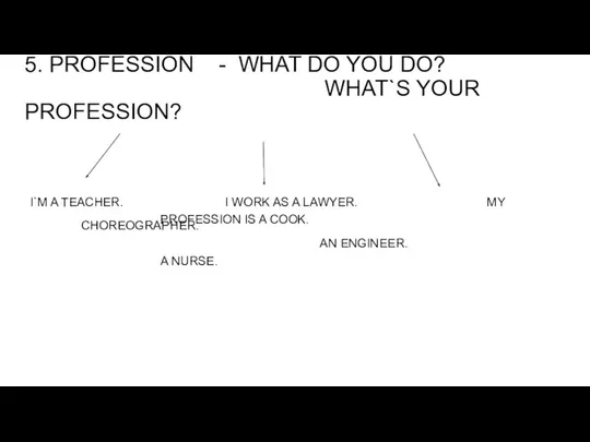 5. PROFESSION - WHAT DO YOU DO? WHAT`S YOUR PROFESSION? I`M A TEACHER.