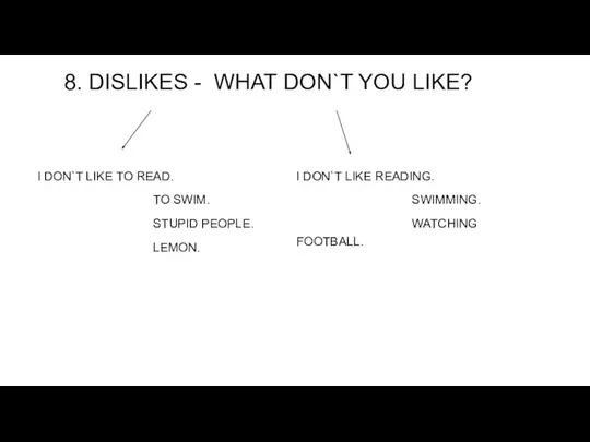 8. DISLIKES - WHAT DON`T YOU LIKE? I DON`T LIKE TO READ. TO