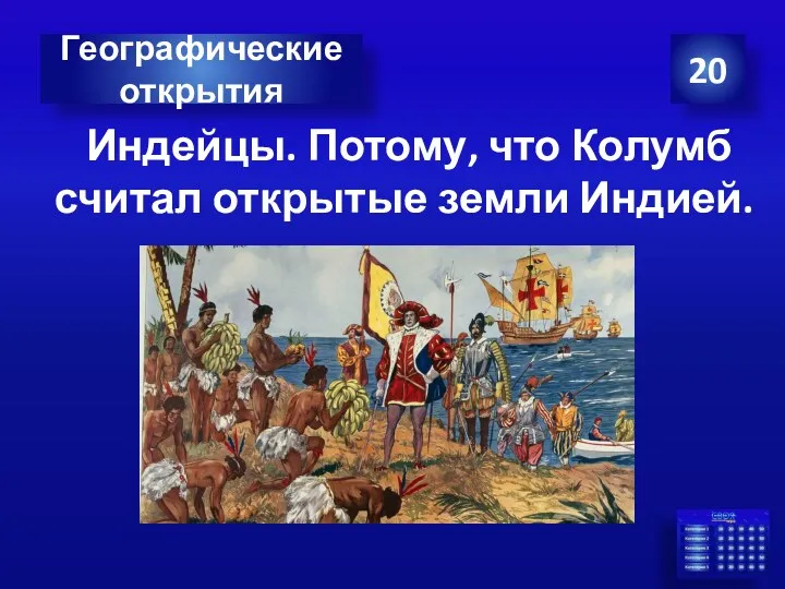 Индейцы. Потому, что Колумб считал открытые земли Индией. 20 Географические открытия