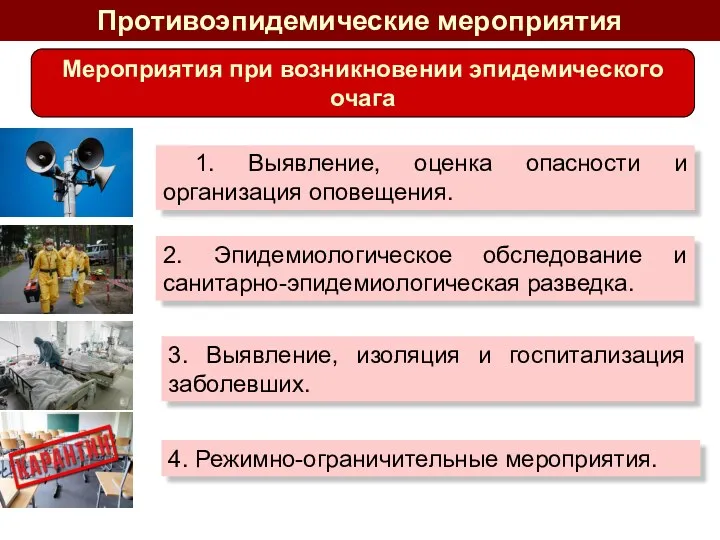 1. Выявление, оценка опасности и организация оповещения. Противоэпидемические мероприятия 2.