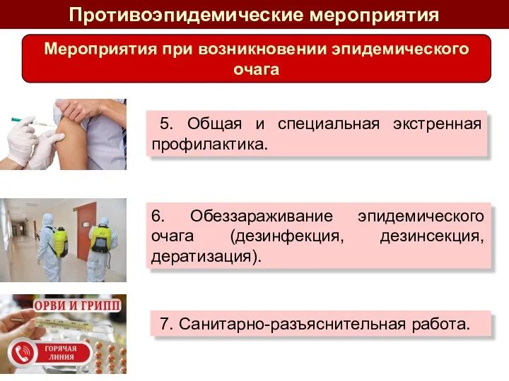 Противоэпидемические мероприятия 5. Общая и специальная экстренная профилактика. 6. Обеззараживание