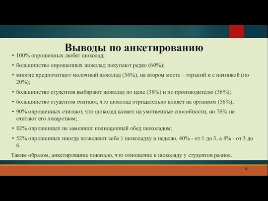 Выводы по анкетированию 100% опрошенных любят шоколад; большинство опрошенных шоколад