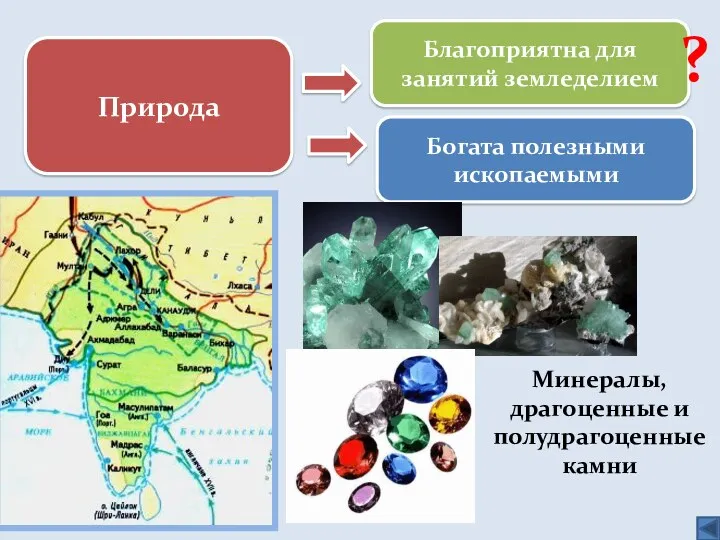 Природа Благоприятна для занятий земледелием Богата полезными ископаемыми ? Минералы, драгоценные и полудрагоценные камни