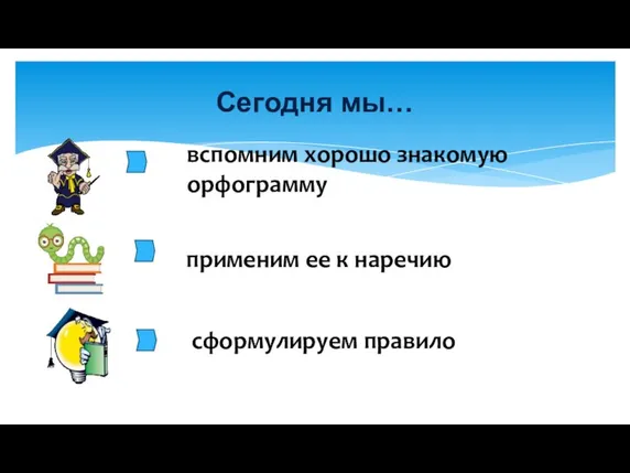 Сегодня мы… вспомним хорошо знакомую орфограмму применим ее к наречию сформулируем правило