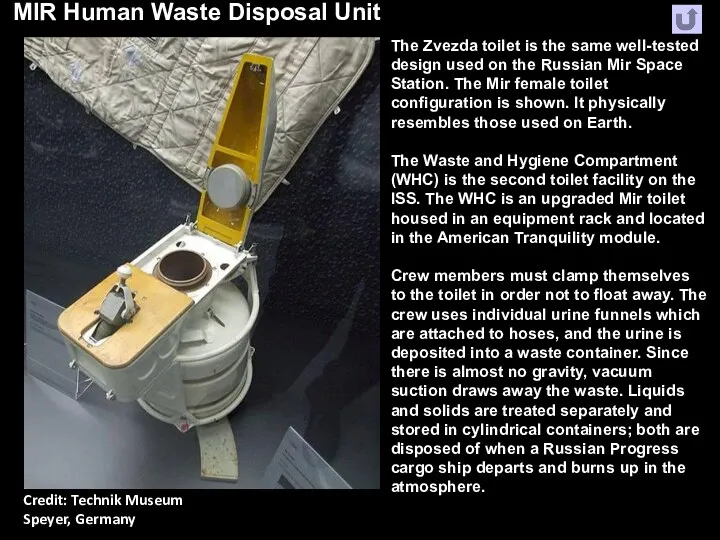 MIR Human Waste Disposal Unit The Zvezda toilet is the