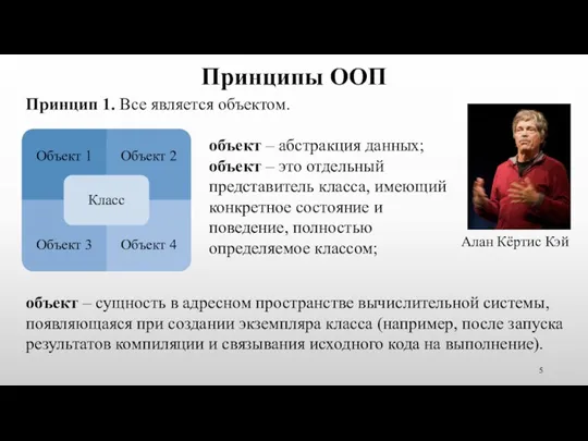 Принципы ООП Алан Кёртис Кэй Принцип 1. Все является объектом. объект – абстракция